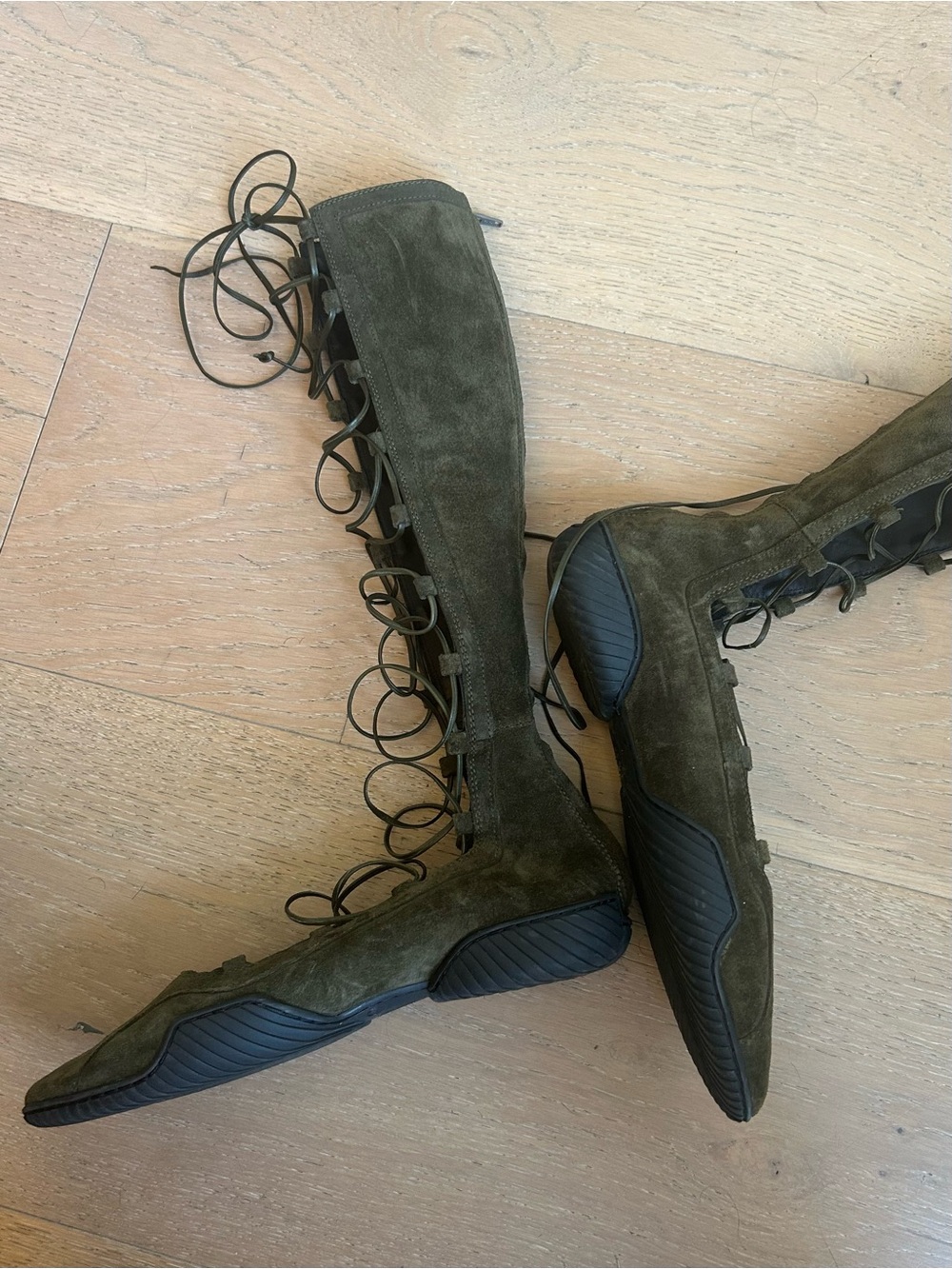 Miista Lace-Up Knee High Suede Sneaker Flats in Olive Green - Picture 4 of 5